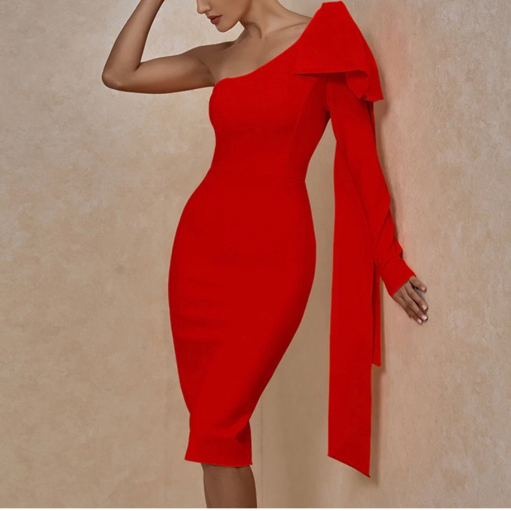 Brand new never worn red bandage dress one sleeve with big bow